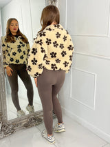 Flower Printed Half Zip Fleece - Beige/Brown