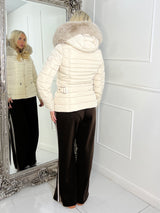 Padded Pocket Detail Faux Fur Hooded Jacket - Cream