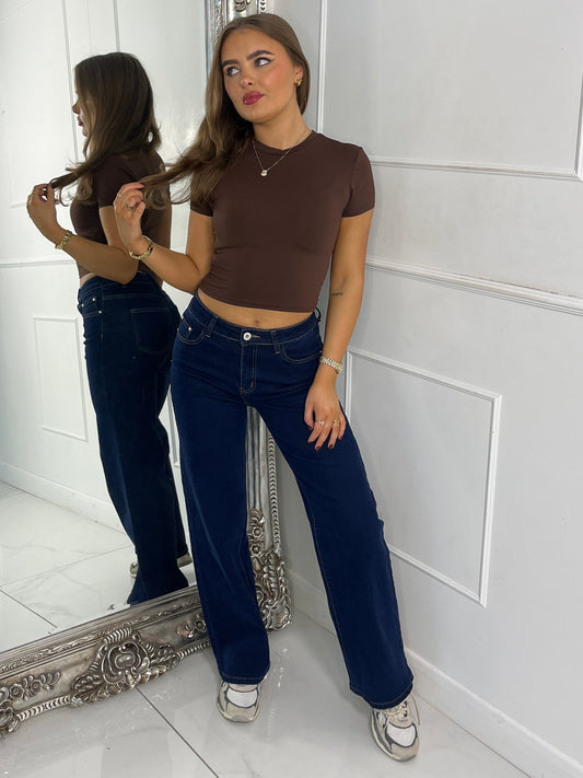 Round Neck Short Sleeve Top Second Skin - Brown