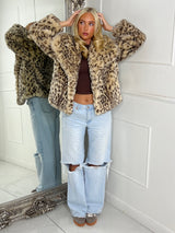Leopard Print Faux Fur Collared Jacket - Beige/Brown