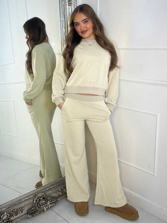 Diamante Studded Straight Leg Tracksuit - Cream