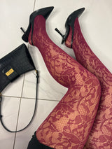 Lace Floral Pattern Tights - Wine