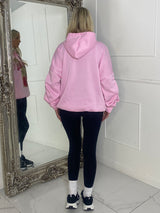 Leopard Box Cherries Print Ruche Sleeve Hoodie - Baby Pink