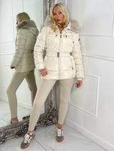 Padded Belted Coat With Faux Fur Hood - Cream