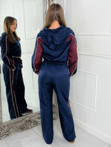 Hooded Colour block Jacket & Straight Leg Pants Set - Wine/Navy