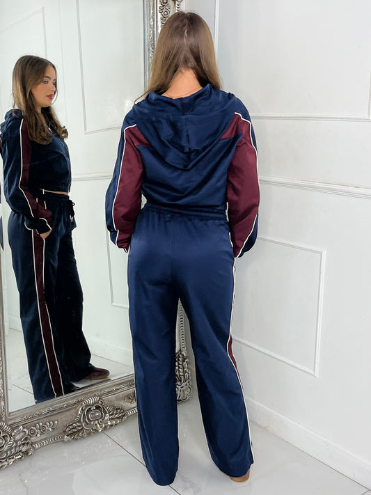 Hooded Colour block Jacket & Straight Leg Pants Set - Wine/Navy