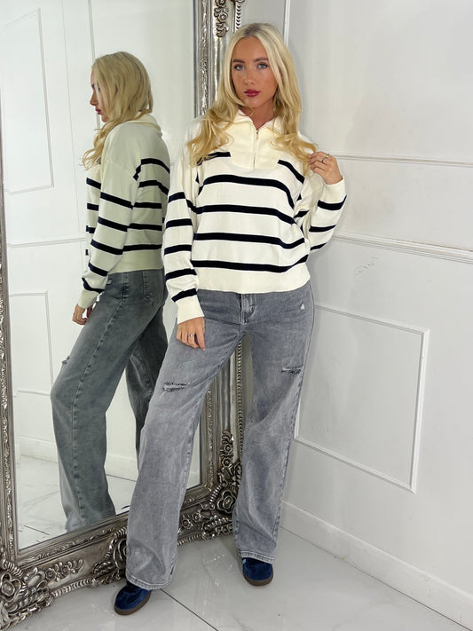 1/4 Zip Striped Jumper - Cream / Navy