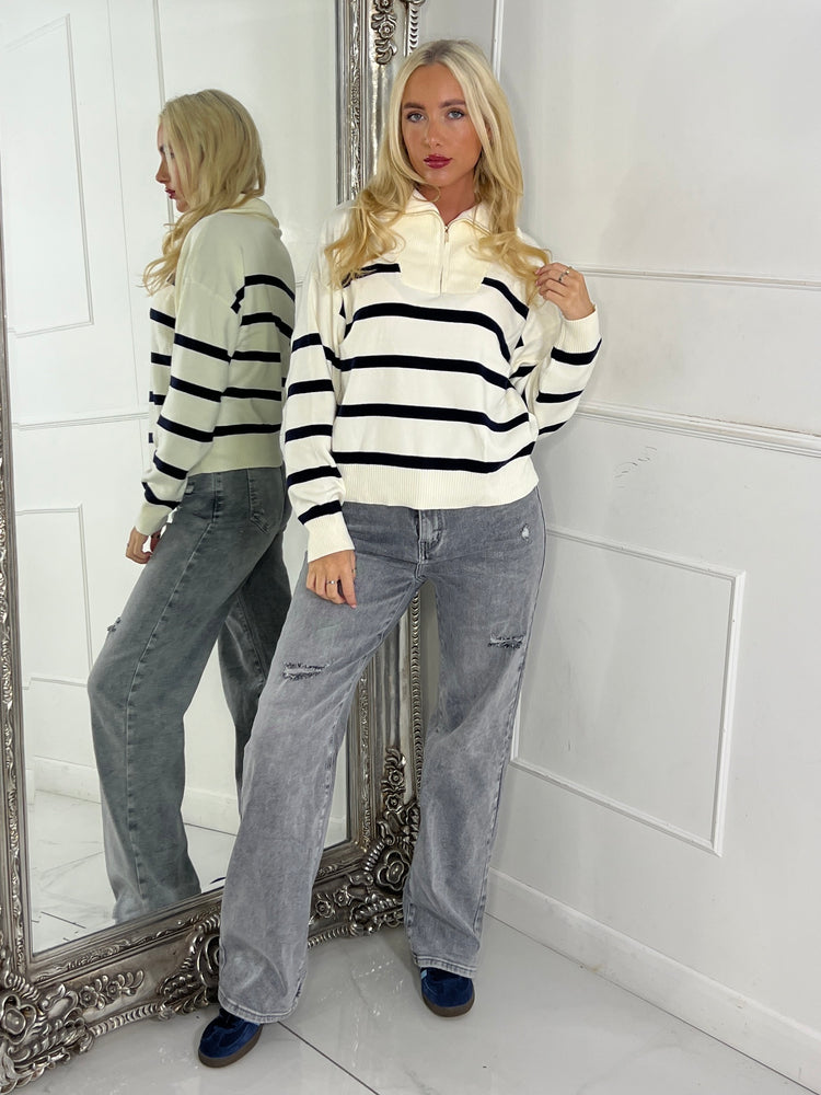 1/4 Zip Striped Jumper - Cream / Navy