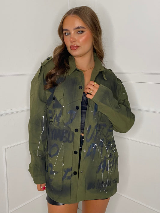 Oversized Graffiti Print Jacket - Khaki