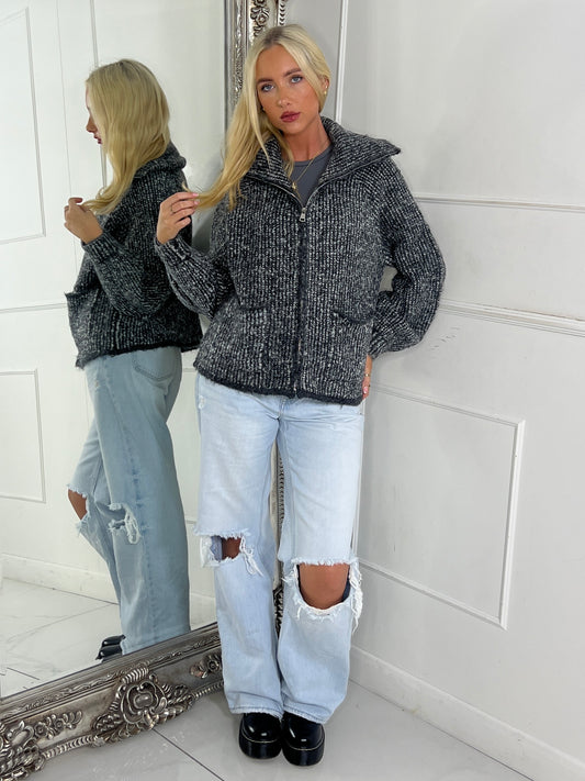 Oversized Collar Pocket Detail Knitted Zip Up Jumper - Grey