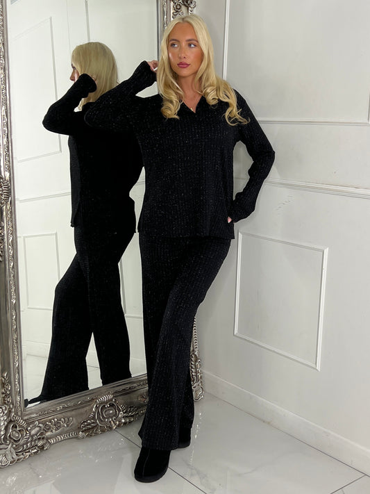 Lurex Glitter Oversized Shirt & Wide Leg Pants Co-Ord - Black