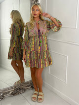 Embellished Tassle Detail Long Sleeve Boho Dress - Purple Multi