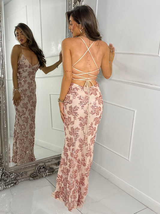 Strappy Lace Up Back Sequin Detail Maxi Dress - Beige