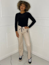Zip Detail Leather Look Trousers - Cream