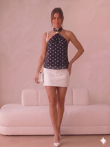 Gold Detail Polka Dot High Neck Top - Black/White