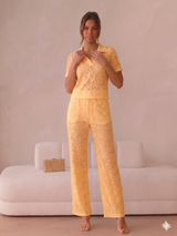 Lace Collar Detail Top & Lace Underlayer Flared Co-ord - Yellow