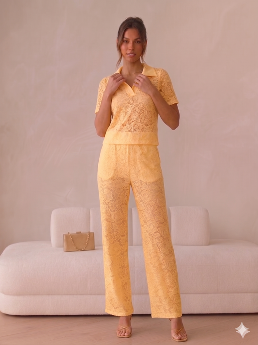 Lace Collar Detail Top & Lace Underlayer Flared Co-ord - Yellow
