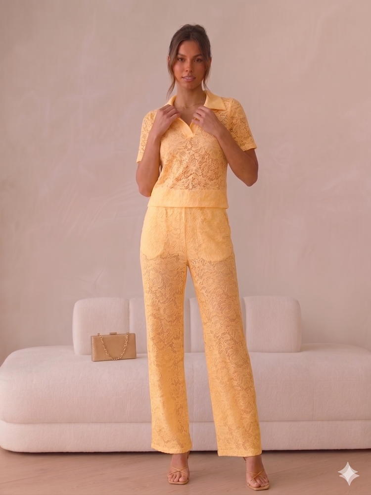 Lace Collar Detail Top & Lace Underlayer Flared Co-ord - Yellow