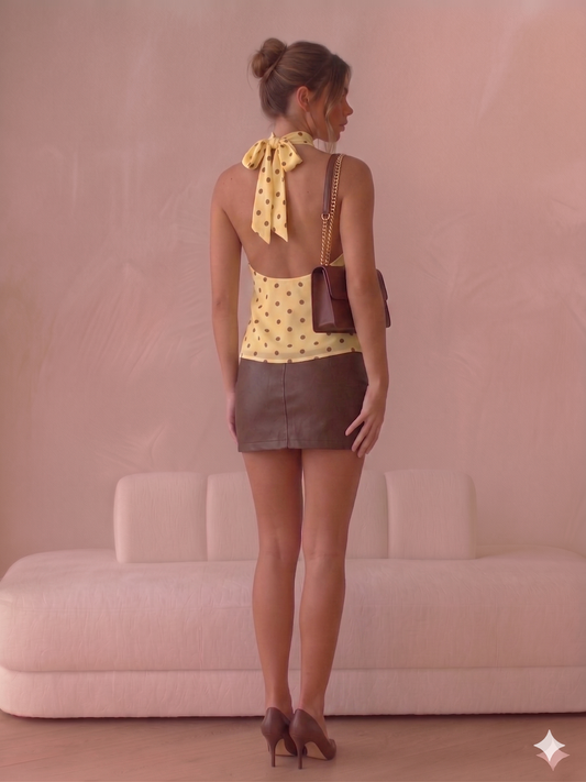 Gold Detail Polka Dot High Neck Top - Yellow/Brown