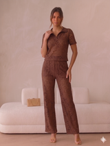 Lace Collar Detail Top & Lace Underlayer Flared Co-ord - Brown