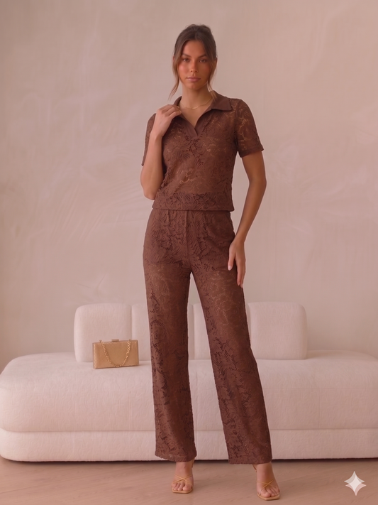 Lace Collar Detail Top & Lace Underlayer Flared Co-ord - Brown