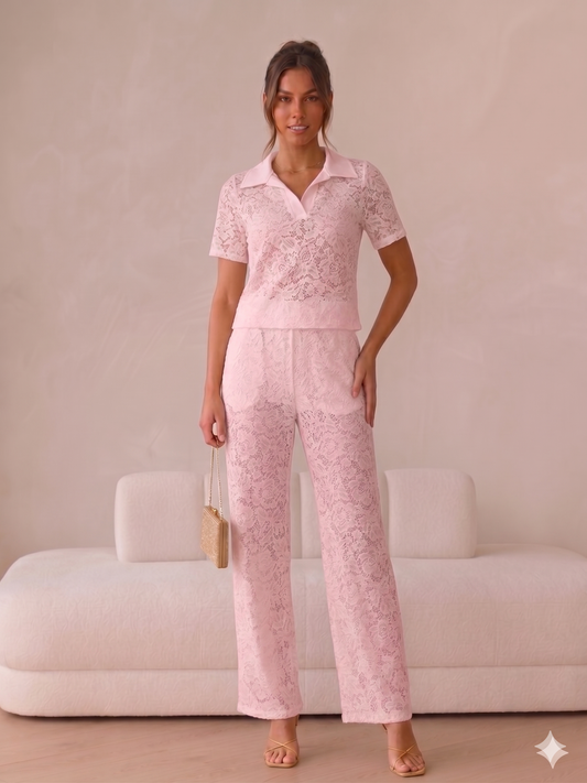 Lace Collar Detail Top & Lace Underlayer Flared Co-ord - Baby Pink