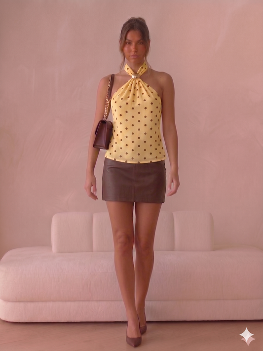 Gold Detail Polka Dot High Neck Top - Yellow/Brown