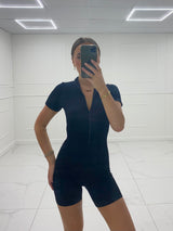 Short Sleeve Zip Front Unitard - Black
