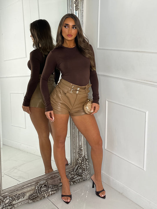 Double Belted PU Shorts - Tan
