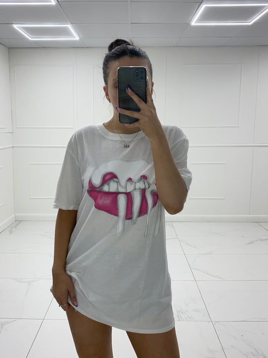 Lip Drip Print T-Shirt - White