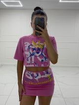 Crown Teddy Print T-Shirt Co-Ord - Pink