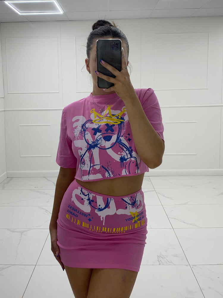 Crown Teddy Print T-Shirt Co-Ord - Pink