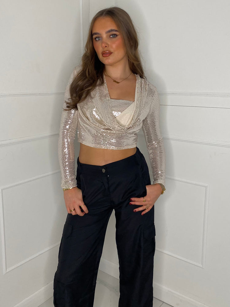 Cowl Neck Sequin Top - Champagne