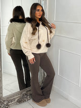 Fur Hooded Pom Pom Gold Jewelled Detail Jumper - Beige/Brown