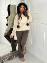 Fur Hooded Pom Pom Gold Jewelled Detail Jumper - Beige/Brown
