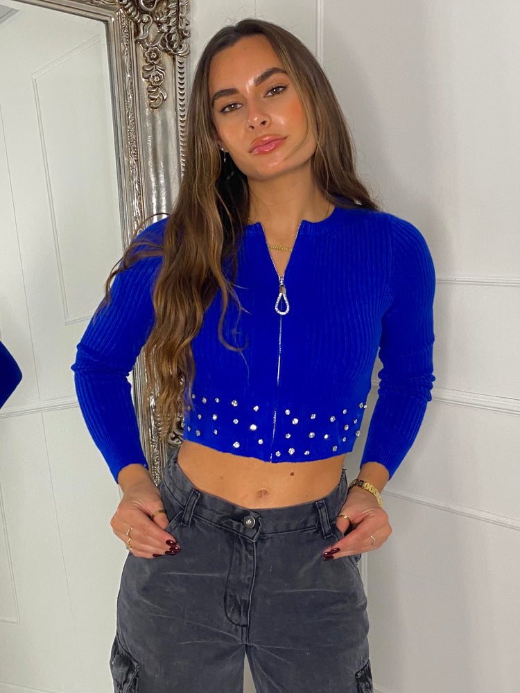 Knitted Diamante Zip Up Jumper - Royal Blue