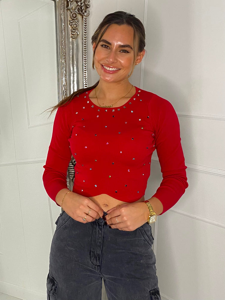 Colourful Studded Jumper - Red