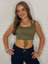 Lace Up Detail Crop Top - Khaki