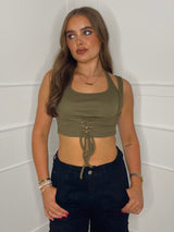Lace Up Detail Crop Top - Khaki