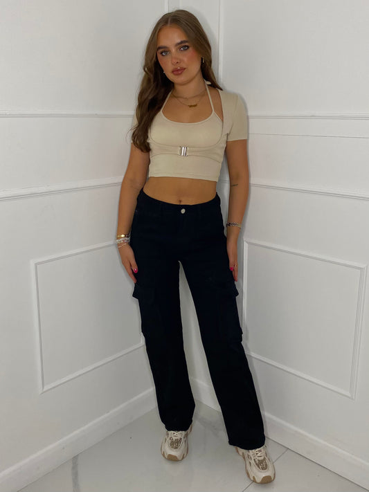 Clasp Detail Crop Top - Beige