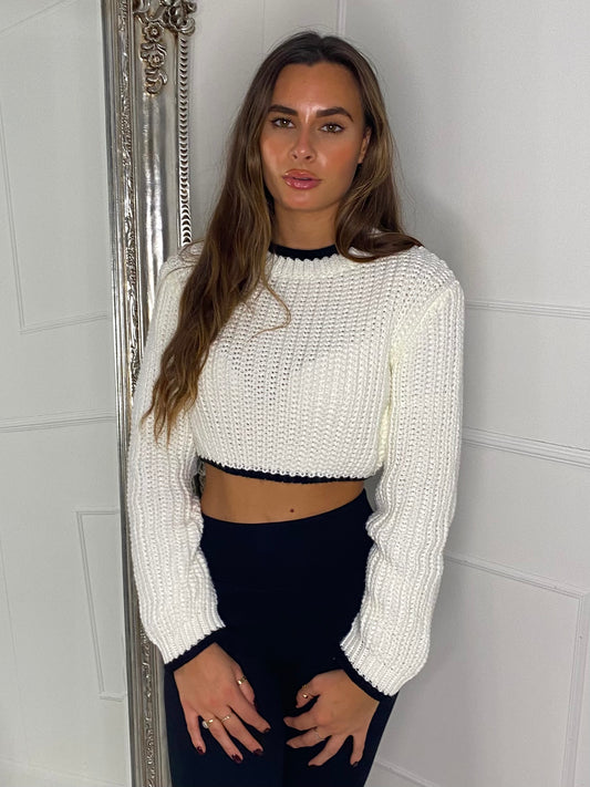 Knitted Long Sleeve Contrast Jumper - White