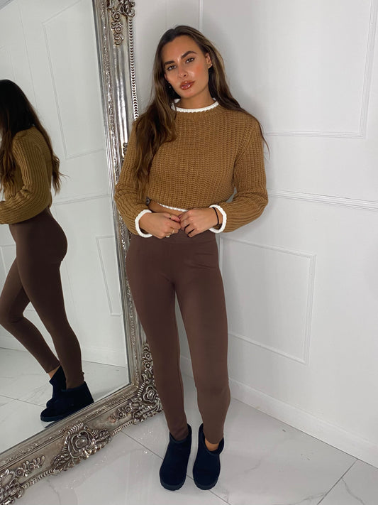 Knitted Long Sleeve Contrast Jumper - Brown