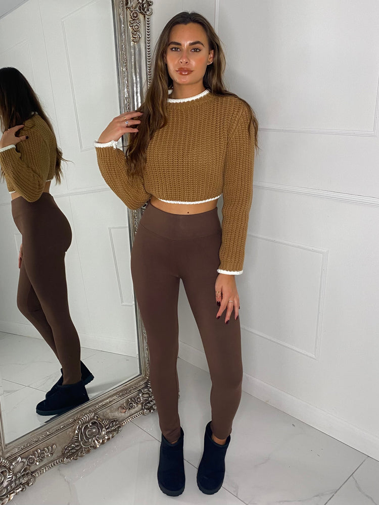 Knitted Long Sleeve Contrast Jumper - Brown