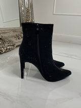 Diamante Zip Up Stiletto Heeled Boots - Black