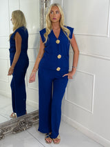 V Neck Gold Pin Pocket Detail Top & Wide Leg Pants Co-Ord - Royal Blue