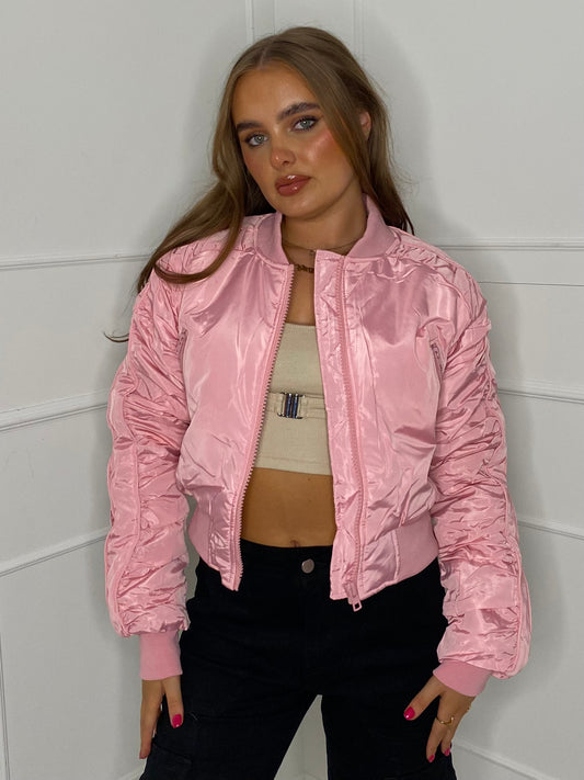 Ruched Sleeve Bomber Jacket - Baby Pink