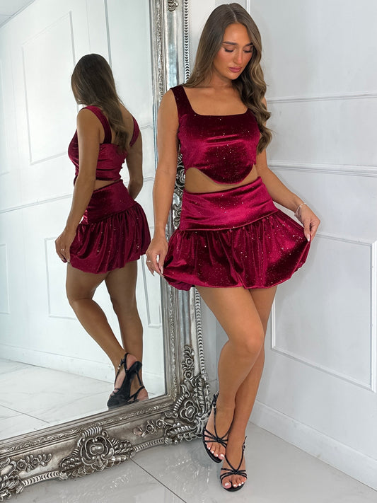 Velvet Sparkle Square Neck Top & Puff Ball Skirt Co-ord - Wine