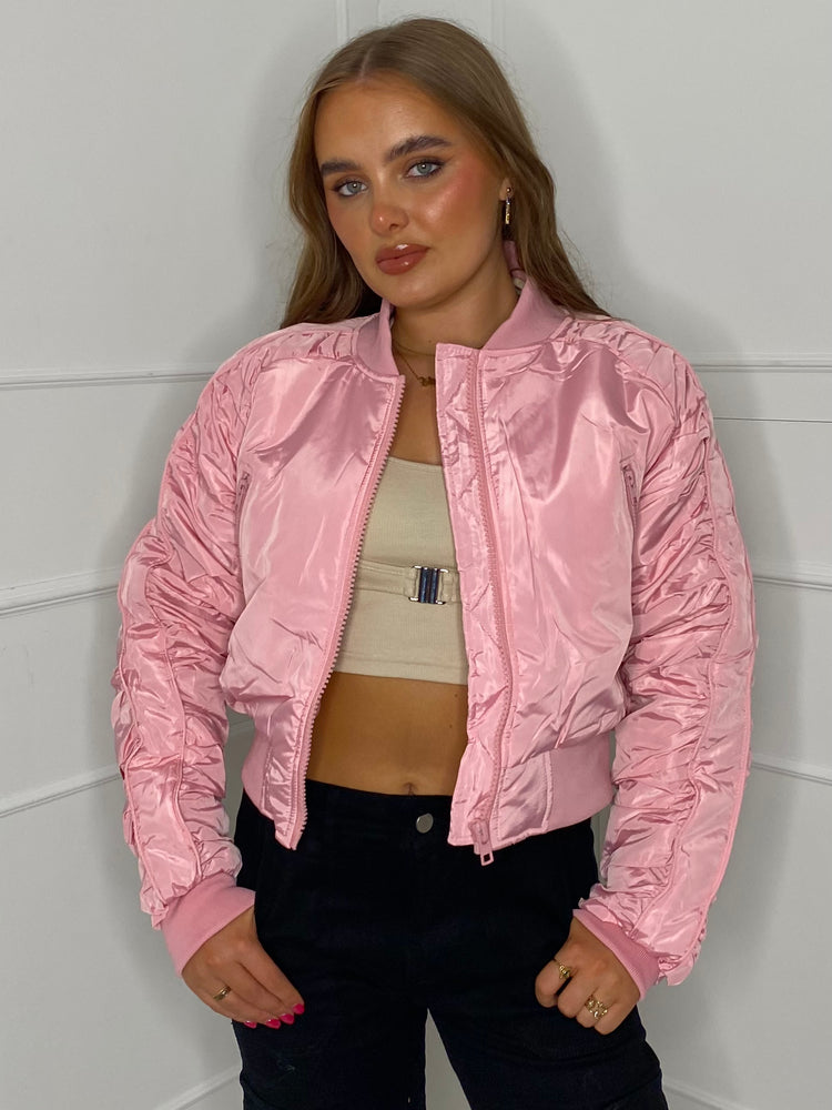 Ruched Sleeve Bomber Jacket - Baby Pink