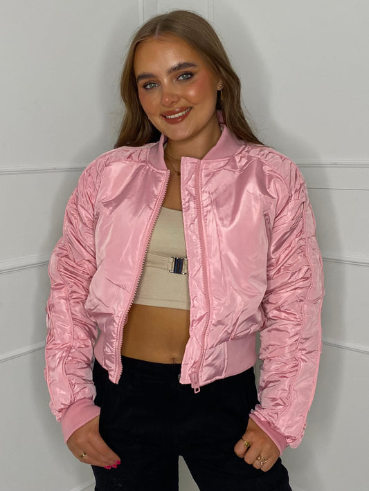 Ruched Sleeve Bomber Jacket - Baby Pink