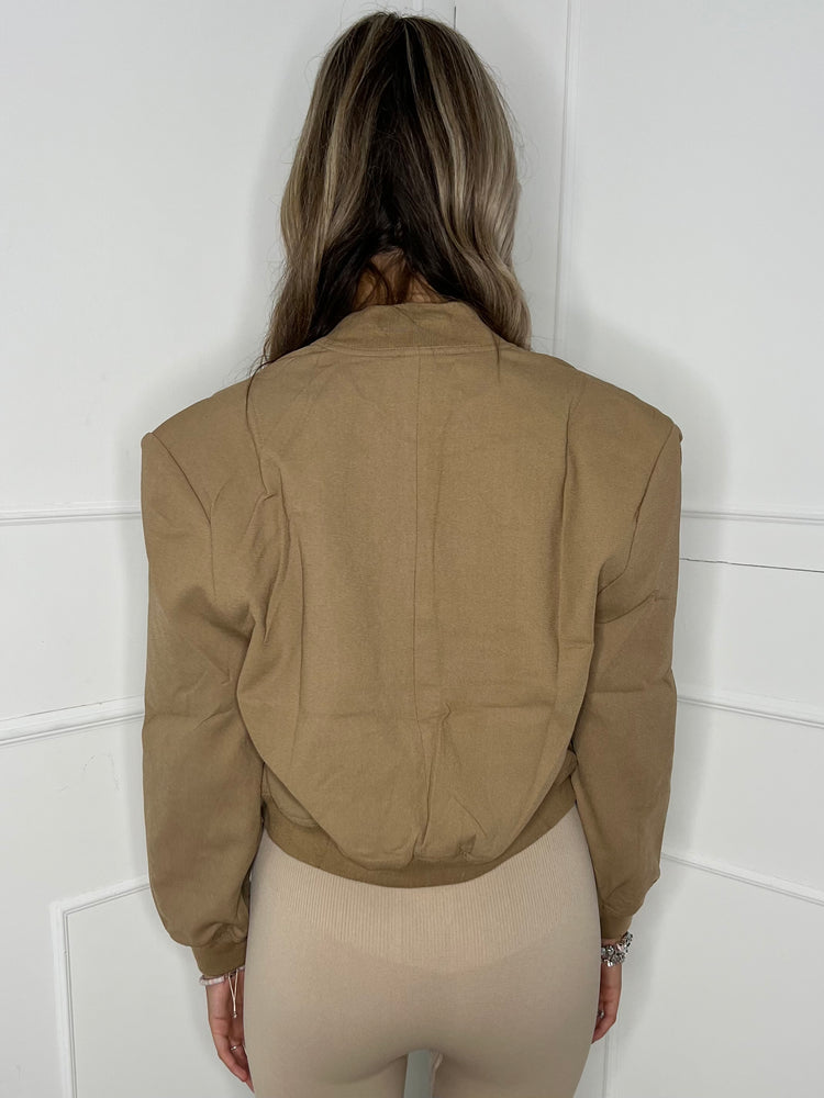 Padded Shoulder Bomber Jacket - Beige